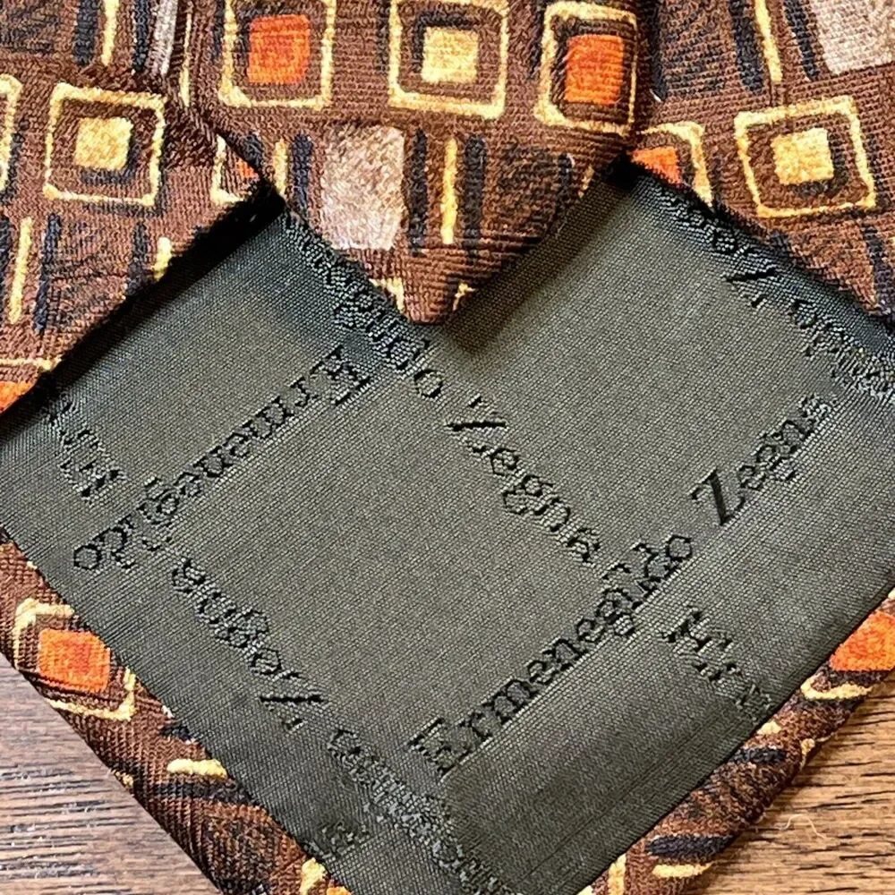 Ermenegildo Zegna Brown Silk Jacquard‎ Geo Square Neck Tie Length 58